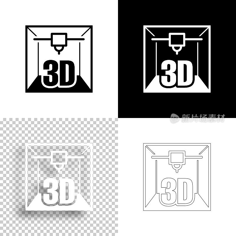 3 d打印机。图标设计。空白，白色和黑色背景-线图标